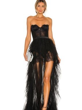 For Love & Lemons Black Strapless Lace Bustier High-Low Tulle Gown